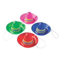 three hats with different colors and designs on them