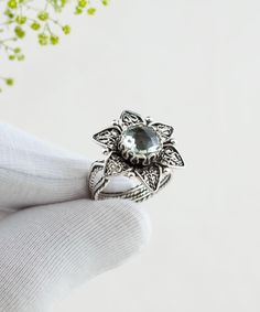 Prasiolite Silver Boho Women Filigree Ring, 925 Sterling Artisan Handmade Floral Lotus Goth Cocktail Ring, Women Statement Ring Green gemstone ring, one of a kind ring, gift for lover, valentines day gift, february birthstone ring, green amethyst ring, birthstone ring Material: 925 Sterling Silver ( NICKEL FREE ) Gemstone: Prasiolite ( Green Amethyst ) 8 mm. -The stone used in this jewelry, Green Amethyst Gemstone, is the February Birthstone. Any jewelry that carries a Prasiolite signifies so much passion and love between two people, that it makes Green Amethyst an ideal choice for engagement or Valentine's Day jewelry. FREE, FAST AND TRACKABLE SHIPPING FOR ALL EU COUNTRIES AND USA. According to Greek mythology, Amethyst was a young virgin who became the object of wrath of the Greek God Di Silver Crystal Ring With Accent Stones For Jewelry Making, Silver Filigree Ring With Stone Setting For Wedding, Silver Filigree Ring With Stone Setting, Handmade Silver Flower Ring Fine Jewelry, Handmade Silver Flower Ring In Fine Jewelry Style, Sterling Silver Spiritual Flower Ring, Silver Sterling Filigree Ring With Stone Setting, Bohemian Flower Ring With Gemstone, Flower Shaped Jewelry With Accent Stones For Gift