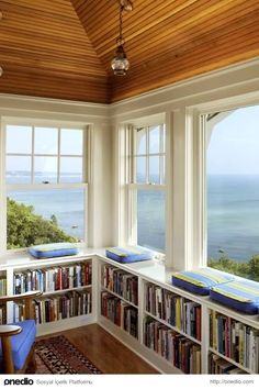 an image of a room with bookshelves and ocean view in the background on instagram