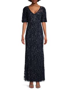 Beaded V-Neck Sheath Gown Pisarro Nights, Sheath Gown, Aidan Mattox, Blue Gown, Stunning Gowns, Gowns With Sleeves, Beaded Dress, Formal Gowns, Black Maxi Dress