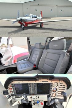 the cockpit and seats of an airplane are shown in three different pictures, one is empty