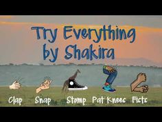 an animated image with the words try everything by shakira and images of people