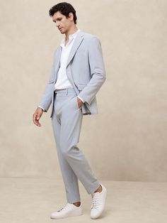 Tailored-Fit Striped Seersucker Suit Trouser | Banana Republic Factory Tailored Casual Suits For Business Casual, Casual Tailored Suits For Business Casual, Slim Fit Suit For Semi-formal Spring Events, Modern Formal Suits For Spring, Modern Spring Formal Suits, Slim Fit Suits For Office In Spring, Spring Slim Fit Suits For Office, Modern Spring Suits For Office Wear, Spring Slim Fit Office Suits