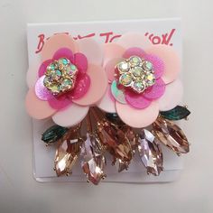 1-1/4" Pink Lucite Petals With Iridescent Hot Pink Inner Petals And 7-Rhinestone Center. Swiveling On Post Is Removable Collection Of 3 Pink And 2 Green Rhinestones. Studs. Gold Fixings. 2" Drop With Swivel. Retail - $45. Nwt Trendy Pink Flower Earrings, Spring Party Earrings With 3d Flowers, Rose Gold Flower Earrings For Spring Party, Spring Party Rose Gold Flower Earrings, Pink Handmade Flower Earrings For Spring, Pink Feminine Flower Earrings For Party, Feminine Pink Flower Earrings For Party, Rose Gold Earrings For Spring Party, Pink Earrings With Handmade Flowers For Spring