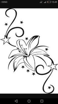 a black and white drawing of a flower with stars on the side, as well as swirls