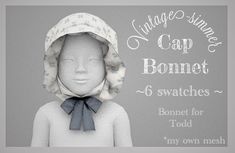 a doll wearing a hat with the caption, vintage style cap bonnets 6 swatches