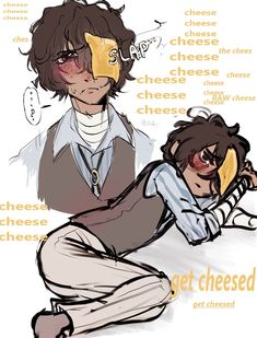 two people sitting next to each other with cheese on their faces and words in the background