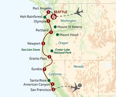 a map of the route from seattle to washington, including two major cities and several other destinations