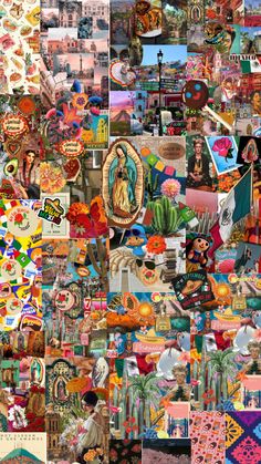 a collage of many different pictures with people and animals on them, including an image of the virgin mary of guadalupe