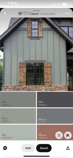 the color scheme for this house is gray, brown and white with wood shutters