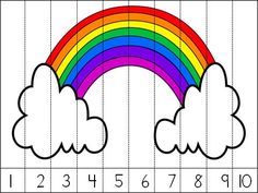 a rainbow with clouds and numbers on the page to be used for counting or coloring