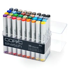 a display case with markers and pens in each one for the coppac sketch marker set