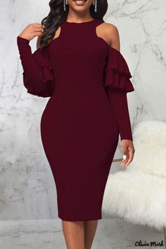 Olivia Mark - Burgundy Flounce One-Step Skirt Dress: A Sophisticated and Elegant Patchwork Design with a Stylish O-Neck Steps Dresses, Straight Clothes, Formal Cocktail Dress, Style Noir, Hip Dress, Patchwork Designs, Stylish Dresses, Elegant Dresses, Dress Length