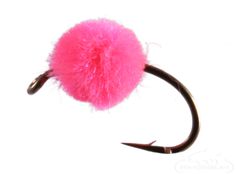 a pink fish hook with long black tips and a fuzzy ball on it's end