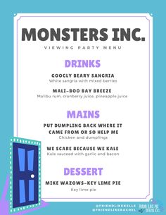 the monster's inc menu is shown in purple and blue with an image of a door