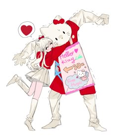 a drawing of two people hugging each other while holding a shopping bag with the words hello kitty on it