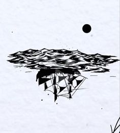 a black and white drawing of an island in the middle of water with mountains behind it