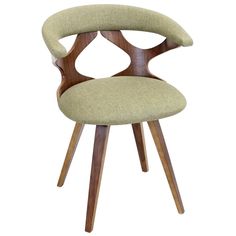 an upholstered chair with wooden legs and a green seat pad on the back