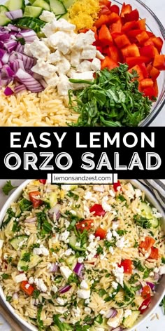 easy lemon orzo salad in a bowl with vegetables and feta cheese on the side