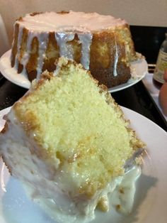 two slices of cake sitting on plates next to each other