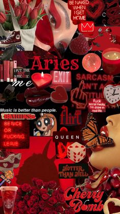 a collage of red images with hearts, roses, candles and other things in them