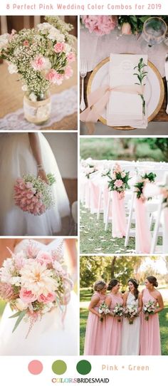 pink and green wedding color palettes for the bridesmaid, with flowers in vases