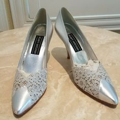 Silver And Lace Detail, Can Be Worn Anywhere But Would Be Perfect For Weddings Or Any Special Occasion! Silver Shoes Low Heel, Silver Low Heels, Stuart Weitzman Sandals, Beige Pumps, Stuart Weitzman Heels, Glitter Pumps, Green Heels, Brown Leather Heels, Black Leather Pumps