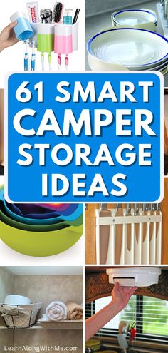 the collage shows different types of camper storage and organization options for small spaces