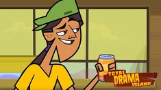 a cartoon character is holding a can of beer and talking on the phone while standing in front of a window