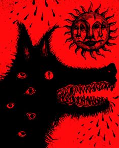 a black dog with red eyes and sun above it