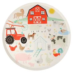 a paper plate with farm animals and farm scenes on the front, along with a barn in the background