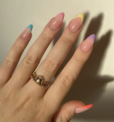 Colorful French Tips Almond, Multi Color French Tip Nails Almond, Rainbow French Tip Nails Almond, Simple Colorful French Tips, Almond Nails Multicolor Tips, Spring Nail Designs 2023, Nails French Tip, Unghie Sfumate