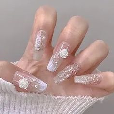 DOUBNINE Press on Nails Long Coffin White Rose Pearl Crystal Ombre Gradient Nude Fake Nails Ballerina Nails Full Cover Fake Nails with Design Acrylic Stick On Nail for Wedding Women #cute#nails French Nail Designs, Pearl Nails, Flower Nail Art, Hot Nails, Stick On Nails