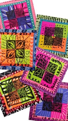 four different colored squares with designs on them