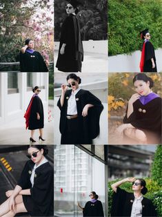 a collage of photos with women dressed in black and white, including one woman wearing sunglasses