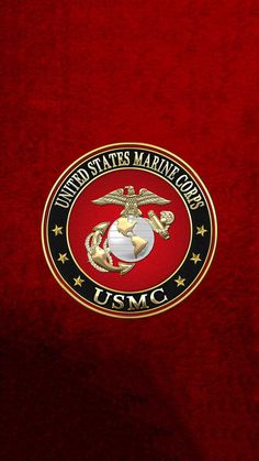 the u s marine emblem is shown on a red velvet material background with stars and stripes