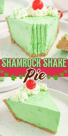 a slice of shamrock cheesecake on a plate with the title overlay reading shamrock cheesecake pie