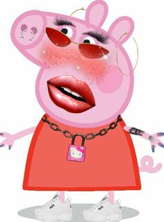 a cartoon pig wearing a red dress and chain around its neck