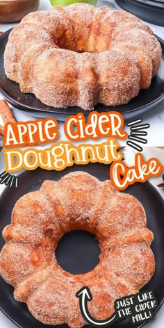 an apple cider doughnut cake on a black plate with the words, apple cider doughnut cake