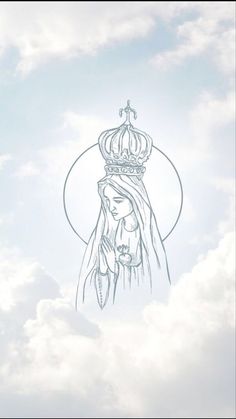 a drawing of the virgin mary with a crown on her head and clouds in the background