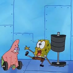 the spongebob character is trying to pull his friend's wheelbarrow