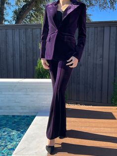 Washing instructions: Dry Clean Composition: Cotton, Rayon Model is wearing size XS Designer Style ID: GC5121472368 Purple Pantsuit, Dark Purple Wedding, Blazer Pants Set, Prom 2025, Wedding Lookbook, Purple Wedding, Designer Style, Dark Purple, Washing Instructions