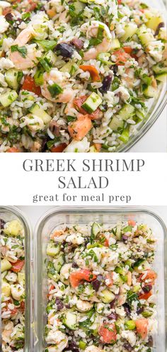 greek shrimp salad in two glass dishes with the title above it, and an image of vegetables