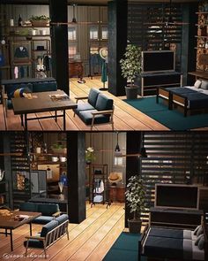 two pictures of a living room with couches, tables and shelves on the wall