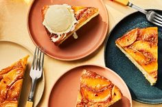 three plates with slices of pie and ice cream on them, sitting on a table