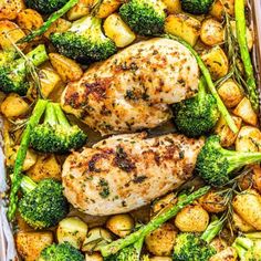 chicken, broccoli and potatoes in a casserole dish ready to be eaten