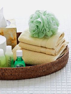 a basket filled with personal care items on top of a table