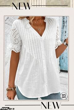 White Scalloped Hem Short Sleeve Split Neck Blouse Non-stretch Short Sleeve Blouse For Beach, Non-stretch Summer Button-up Blouse, Non-stretch Button-up Summer Blouse, Bohemian Short Sleeve Solid Top, Summer Non-stretch Button-up Blouse, Bohemian Style Solid Color Top With Short Sleeves, Bohemian Style Solid Short Sleeve Top, Bohemian Short Sleeve Top, White Short Sleeve Blouse For Fall