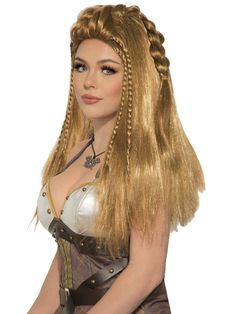 Join your fellow warriors dressed as one of the fearsome Valkyries with the Viking Light Brown Womens Wig. This medieval-themed product will provide you with the perfect headpiece accessory to complete your barbarian costume with. Coming in a golden-brown shade, this wigs flowing locks feature several braided flourishes designed to enhance any Viking womans look. When you make your debut this Halloween make sure youre ready with a look thats ready to meet Valhalla. Warrior Wig, Barbarian Costume, Warrior Dress, Headpiece Accessories, Collage Diy, Viking Warrior, Brown Wig, Wigs Online, Costume Wigs