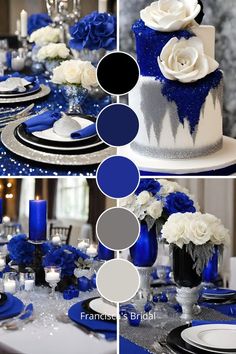 a blue and white wedding cake with flowers on the top is surrounded by silver and black plates